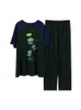 ATUENDO Set pigiama di seta verde moda estiva per donna 100% cotone PJS Cartoon morbido pigiama Atoff Home Casual raso da notte 220329