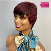 Short Bob Straight Wig With Bangs Full Machine No Lace Wigs For Women Brazilian Wavy Tiger Pattern Burgundy Color Human Hair Pixie Cut Wig
