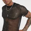 Heren T-shirts Mannen zien door korte mouw pailletten glanzende mesh shirts casual sexy sheer club top nachtclub erotische tops was kledinglieden