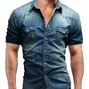 Haifux New Men Jeans قمصان الصيف القطن الماء غسل من الذكور قمم قصيرة الأكمام زهرة طباعة قميص الدنيم الرجال