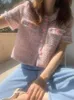 Kurtki damskie Moda koreańska Lato Luźna kieszeń Okrągły rękaw Różowy Tweed Kurtka Temperament Jednorzędowy Słodki sweter z frędzlamiWom