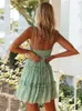 Sexy Strap Women Summer Dress Casual Beach Sundress Green Large Size Dresses Lace Up Ruffle Short Vestidos D220611