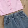 Citgeett Summer Kids Girls Pants Set Short Puff Puck Sleeve Striped Crop T-Shirt Ripped Denim Pants Outfits Suit Clothing Set J220711