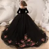 Black Flower Girls Dresses Long Sleeves with Pearls Beads First Holy Communion Dresses V Neck Lace Ball Gown Girls Pageant Gowns