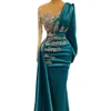 Teal Blue Mermaid Prom Formal Dress with Long Sleeve 2022 Pleated Stain Beaded Arabic Aso Ebi Evening Gowns vestidos de gala1713434