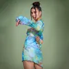 Lässige Kleider, Schmetterlings-Tie-Dye-bedrucktes, durchsichtiges Netz-Minikleid, Y2k, sexy, ästhetischer Ausschnitt, lange Ärmel, figurbetont, Clubwear. Lässig