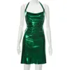 Sexig halterhals rygglös glitter miniklänning kvinnor solida ljusa höga split klänningar 2022 Summer Night Club Party Outfits 220507