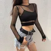 Frauen T-Shirt Sexy Schwarz Aushöhlen Mesh Weibliche Dünne Crop Top 2022 Mode Sommer Grundlegende Tops Für Frauen Fishnet hemd