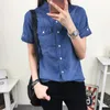 Kvinnors blusar Skjortor #3018 2022 Summer Cotton Denim Shirt Women Short Sleeve Slim Fit Preppy Style Casual Jeans Ladies Basic Blouse