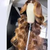 Glueless Ombre Chestnut Brown v Part 100％Human Hair Body Wavy HighlightブロンドUシェイプウィッグWavy Remy Full Machine Made Wigs