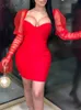 Articat sexy gaas puff mouw feestjurk vrouwen lage kraag backless patchwork rode mini nachtclub veervestidos 220521