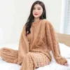 Coral Fleece Pyjamas Set Women Thick Warm Flanell Nightwear Round Neck Female Pyjamas Lång ärm Full Pants Homewear L220803