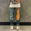 Jeans firmati Jeans da uomo a gamba dritta colore retrò Jeans skinny strappati effetto consumato Pantaloni hip-hop Pantaloni lavati Modello lungo regolare