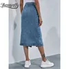 Benuynffy Single Breasted Knee Length Denim Skirt Women Streetwear Casual Pocket High Waist Straight Jeans 220317