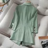 Summer Solid Color Elegant Green Blazer Casual Thin Women Jacket Womens Korean Style Vneck Office Lady Suit Coat 220707