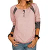 T-shirt con stampa a righe autunno Donna Casual manica lunga girocollo con bottoni Tee Top Fashion Stitching Pullover Straight 220402