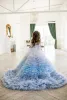 Ombre Blue Flower Girl Dresses For Wedding 2022 Ballgown Jewel Neck Ruffles Tiered Skirts Toddler Pageant Gowns Tulle Kids Birthday Dress Sweep Train Formal Party