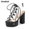 Aneikeh Concise Cross Tied Sandals Boots Thick Bottom Heel Shoes for Women Spring Autumn Sexy Pu Trends Ankle Boots Lace Up 220421