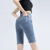 Jeans das Mulheres 2022 Holes de Verão Capris Cintura Alta Cintura Stretch Algodão Elástico Denim Calças Curtas Blue Lavado Meia Calças Preto P015
