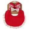 Baby Bibs Saliva Cloth Set Cotton Lace Solid Candy Color Double Sided Anti-milk Waterproof Bib Bowknot Headband Hair Accessories Infant 3 Pieces Sets B8062