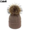 Caluriri beanie cap best verkopen heldere zijden breierding real fur ball herfst winter warme dame hoed wollen pet dikke winter beanie hoed j220722