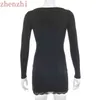 2022 vierkante hals kant patchwork bodycon zwarte jurk vrouwen elegante katoenen mode kant gespleten herfst jurk mini dames basic y220413