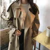 Autumn Winter Women Turn-Down Collar Double Breasted Trench Office Lady Casual Solid Kaki Belt Elegant Loose Lad Long Tigters L220725