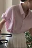 女性用ブラウスシャツ女性シャツピンクピンクストライプショートスリーブトップ2022夏フランスフレンチシックカジュアル女性Blusas Mujer de Moda 202
