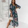 Robes pour femmes mode col en v profond mince en mousseline de soie imprimé Maxi Robe décontracté femmes élégantes taille élastique côté fend Robe Femme 220423