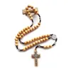 Pendant Necklaces Brown Wood Beads Strand Neckalce Jesus Cross Weave Rosaries Catholic Religious JewelryPendant