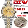 DIW diw126233 SA3235 Automatische Herrenuhr Zweifarbig Gelbgold geriffelte Lünette Champagner Logo Diamanten Zifferblatt 904L Jubileesteel Armband Super Edition Ewigkeit Uhren