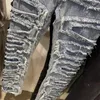 本物の写真22SSブルーヘビーウォッシュジーンズがデニムパンツを破壊する男性女性ヘビーファブリックズボンファッション305C
