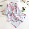 Pijamas de quimono de estilo japonês de sete mangas conjunto feminino primavera e outono 100% algodão gaze casa roupas bonito doce dois-p 220321