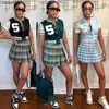 Womens Embroidered Short Sleeve Baseball Tracksuits 2022 Summer Plaid Printed Skirt Set Fashion Two Piece Sportwear