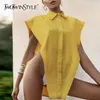 TWOTWINSTYLE Sexy Party Shirt For Women Lapel Sleevelesss Hollow Out Loose Oversized Novelty Top Shirts Female Summer 220511