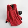 여성 가을 ​​겨울 진짜 양고기 모피 코트 여성 따뜻한 여우 모피 칼라 후드 자연 양 양모 재킷 여성 outwear