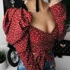 Chemisiers pour femmes Chemises pour femmes Vintage Polka Dot Femmes Bouffées À Manches Longues Wrap Top Élégant 2023 À Lacets Rouge Crop Blouse Sexy Dos Nu