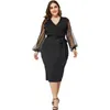 Robes décontractées Doib Black Plus Taille Robe Femmes Mesh Patchwork Cross Col V Large 2022 Bureau Lady Vintage Ceintures