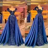 Royal Blue Stijlvolle avondjurken kralen pure nek juwelen feestjurken met overskles prom jurk vloer lengte gewaad de soriee