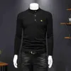 メンズTシャツデザイナー秋と冬2020コットンボタン半ハーフカラーボトムスシャツ長袖メンズ薄型ベルベット厚いミディアムネックグレーT-