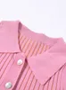 Kobieta Pink Polo Scyk Przycięty sweter żeńska Nieregularna długa trąbka guzika Up Tops Lady Casual Odłączane rękawy Sweter 220816