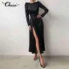 Celmia Party Dress Autunno Donna Elegante Satin Maxi Vestidos Manica lunga a sbuffo Camicia senza schienale Vestito estivo Orlo a fessura alta Abito con cintura Y220401