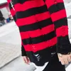 Black Red Striped Sweaters Washed Destroyed Ripped Men Hole Knit Jumpers Women Oversized Harajuku 220817