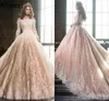 Champagne prinses baljurk trouwjurken met lange mouwen batau nek bloemen kanten appliques kralen bruidsjurk kapel trein duabai arabisch vestidos cl0788