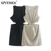 Kvinnor mode med ring ihålig ut linne miniklänning vintage ärmlös tillbaka dragkedja kvinnliga klänningar vestidos mujer 220526