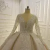 NEW!!! Luxury Ball Gown Wedding Dresses V Neck Lace Appliques Crystal Beads Long Sleeves Corset Back Bridal Gowns Custom Made Robe De Mariee Cathedral Train EE