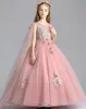 Abiti da ragazza di lusso in pizzo rosa ragazze da sposa ricamo appliques bambini lungo abito da ballo festa di compleanno principessa costume da comunione