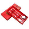 3PCs/Set Chinese Style Dinnerware Flower Pattern Stainless Steel Fork Spoon Chopstick Travel Portable tableware Cutlery Gift Box Y220530