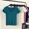 Women's T-Shirt T-shirts For Women Fashion Solid Color Slim Fit Tee Summer V-neck Short Sleeve Basic Knit V Neck Ribbed Cotton Pullover Tops