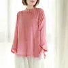 Johnature Chinese Style Nowe kobiety stojaki na guziki siedem rękawów jesienne bluzki stałe kolorowy pasek kobiety vintage koszule top 201202